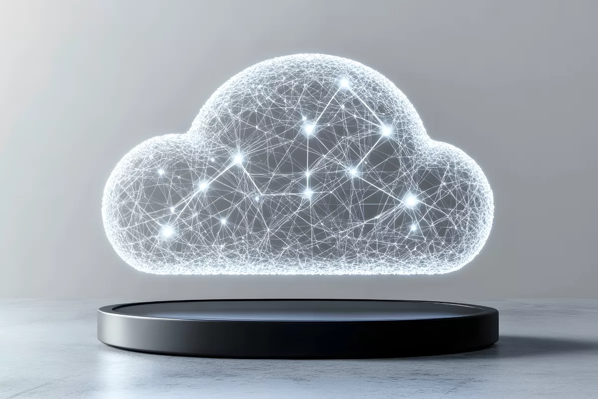Illustration of a digital cloud with glowing network connections representing cloud computing and data storage.