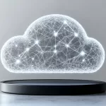 Ilustração de uma nuvem digital com conexões luminosas representando rede e armazenamento em nuvem.