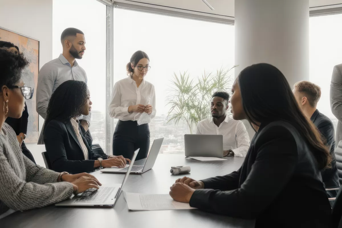 A group of diverse professionals in a business meeting in a modern conference room with large windows, engaging in a structured discussion.