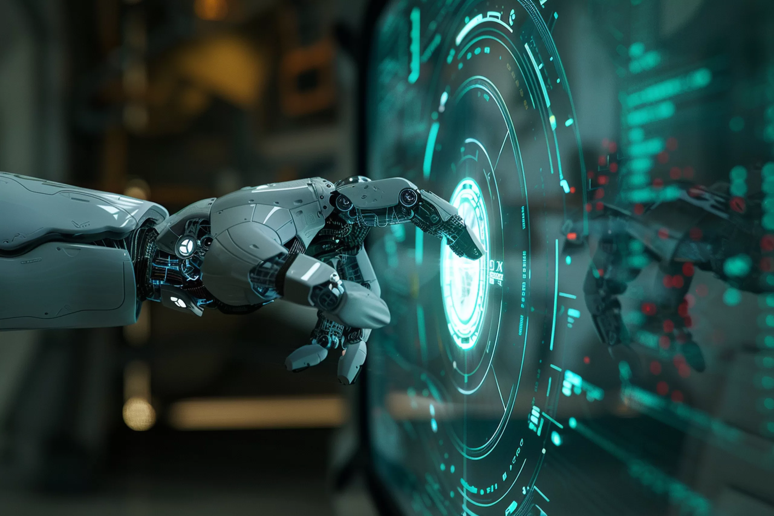 White robotic hand touching digital holographic interface with circles and graphic elements in cyan blue representing artificial intelligence and futuristic technology