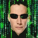 Neo, personagem principal de Matrix, aparece de óculos escuros com códigos verdes caindo ao fundo. Isso representa 5 tecnologias de filmes que existem na vida real