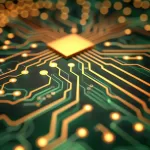 Uma visão altamente estilizada e em close-up de um chip de computador dourado e brilhante em uma placa de circuito escura, com trilhas verdes e laranjas e efeitos de luz brilhante, sugerindo tecnologia avançada ou fluxo de dados, representando o que é DRAM