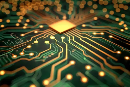 Uma visão altamente estilizada e em close-up de um chip de computador dourado e brilhante em uma placa de circuito escura, com trilhas verdes e laranjas e efeitos de luz brilhante, sugerindo tecnologia avançada ou fluxo de dados, representando o que é DRAM