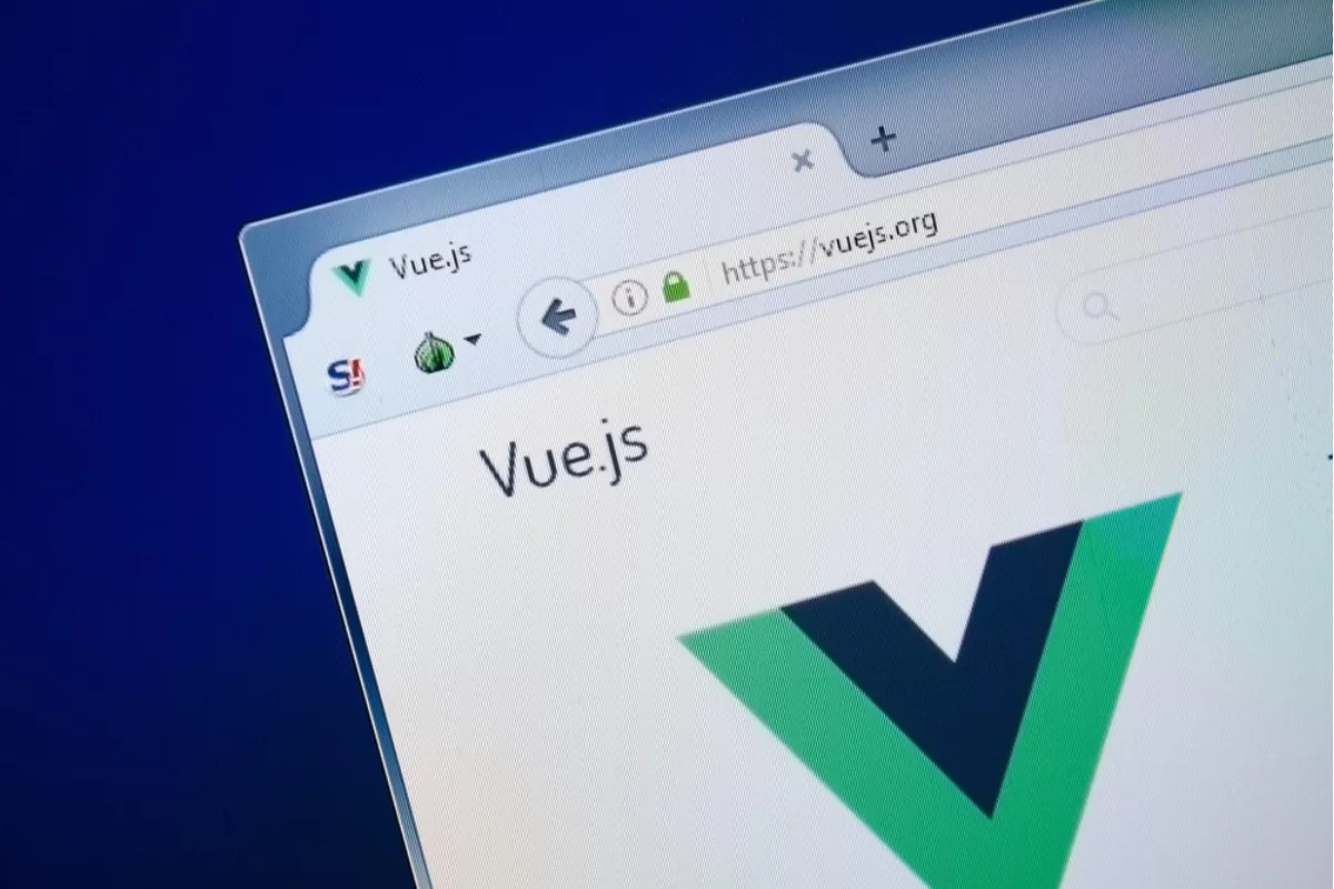 Vue.js official website open in a web browser, showing part of the logo and web address.