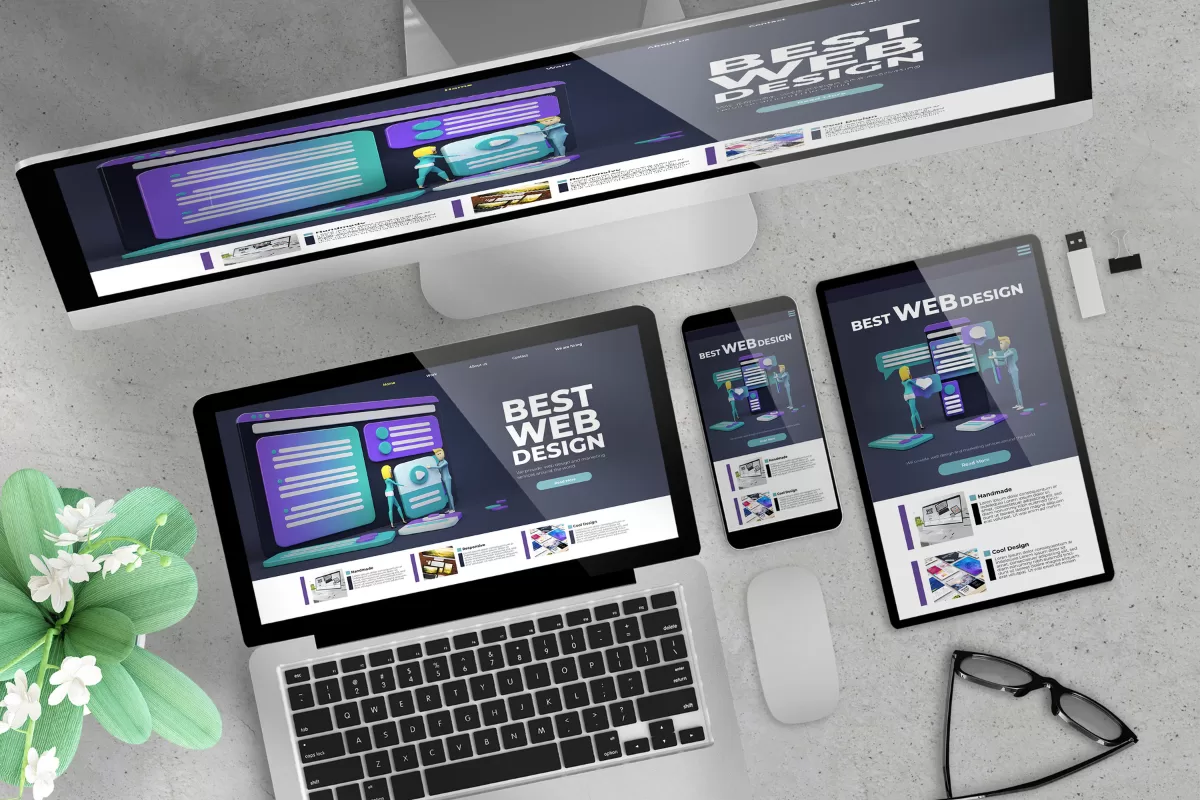 Mesa com monitor, notebook, tablet e smartphone exibindo o mesmo layout de site (“Best Web Design”), mostrando design responsivo em vários dispositivos.