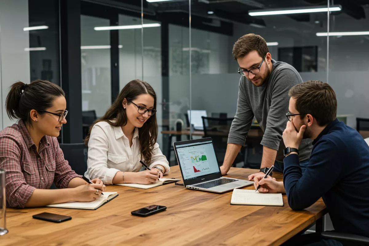 Squad de desenvolvimento em reunião colaborativa analisando dados e métricas em laptop ao redor de mesa de madeira