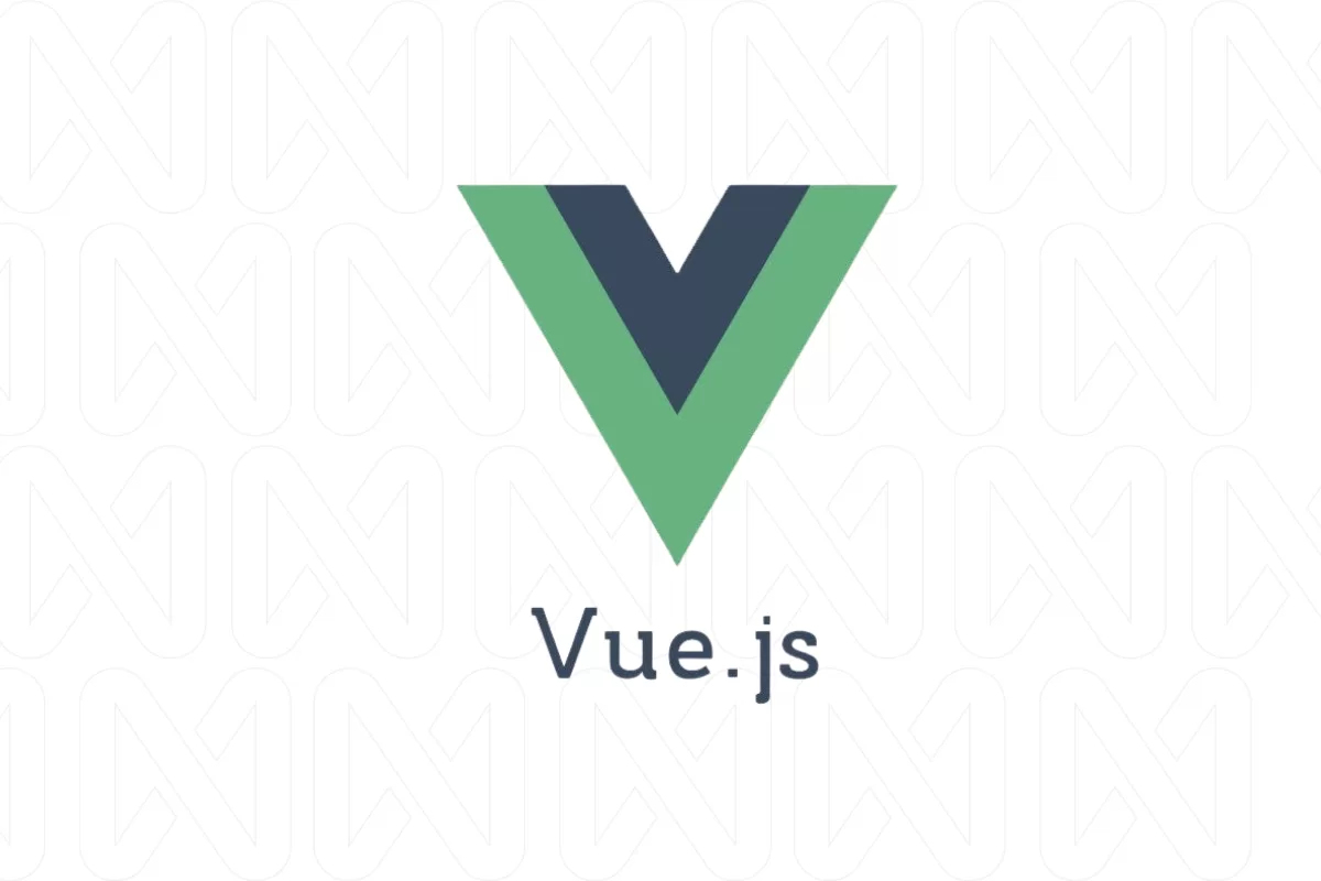 Logotipo do Vue.js em destaque, com fundo branco e padrão discreto de fundo. 