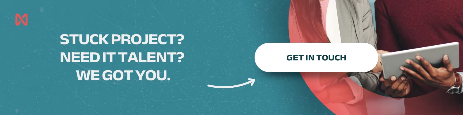 NextAge services banner with dark blue background. Highlighted text: "STALLED PROJECT? INCOMPLETE IT TEAM? WE SOLVE IT." In the center, a white button with the text "TALK TO OUR TEAM". On the right side, an image of two people collaborating with a tablet.