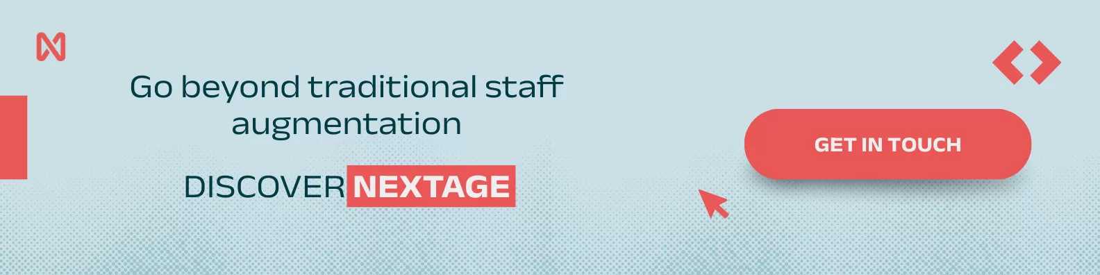 Horizontal banner with light gray background and red details. Center text: "Your project deserves more than common outsourcing. DISCOVER OUTSOURCING 2.0". Right: a rounded red button reading "CONTACT US" and a mouse cursor icon.