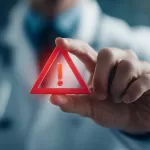 Close-up de uma mão segurando um ícone tridimensional de triângulo vermelho com um ponto de exclamação, simbolizando um alerta ou aviso de quando seu time de TI precisa de reforço. O fundo está desfocado, mostrando uma pessoa com vestimenta profissional.