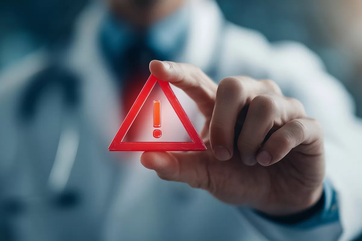 Close-up de uma mão segurando um ícone tridimensional de triângulo vermelho com um ponto de exclamação, simbolizando um alerta ou aviso de quando seu time de TI precisa de reforço. O fundo está desfocado, mostrando uma pessoa com vestimenta profissional.