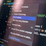 Close-up de tela de IDE mostrando menu de AI Actions (Ações de IA) com opções como "Explain Code", "Suggest Refactoring", "Find Problems" e "Generate Code", ilustrando ferramentas de Inteligência Artificial integradas ao desenvolvimento de software.