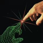 Uma ilustração em estilo retrô, lembrando o visual de ficção científica dos anos 80, sobre um fundo preto que sugere o espaço sideral. Sugere O impacto da IA na criatividade humana