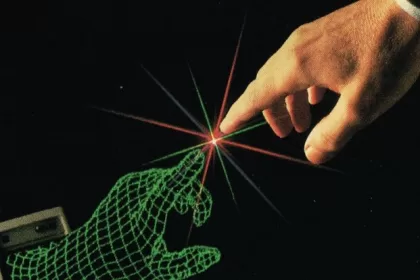 Uma ilustração em estilo retrô, lembrando o visual de ficção científica dos anos 80, sobre um fundo preto que sugere o espaço sideral. Sugere O impacto da IA na criatividade humana