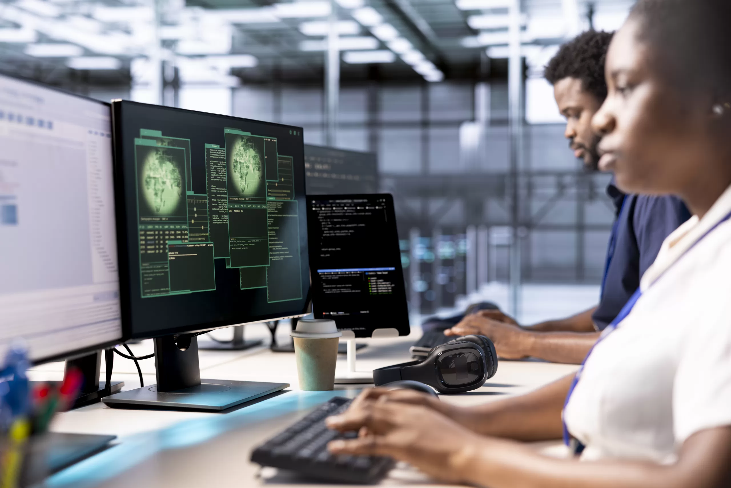 Equipe de desenvolvedores trabalhando em múltiplos monitores com código de segurança e análise de vulnerabilidades em ambiente de desenvolvimento