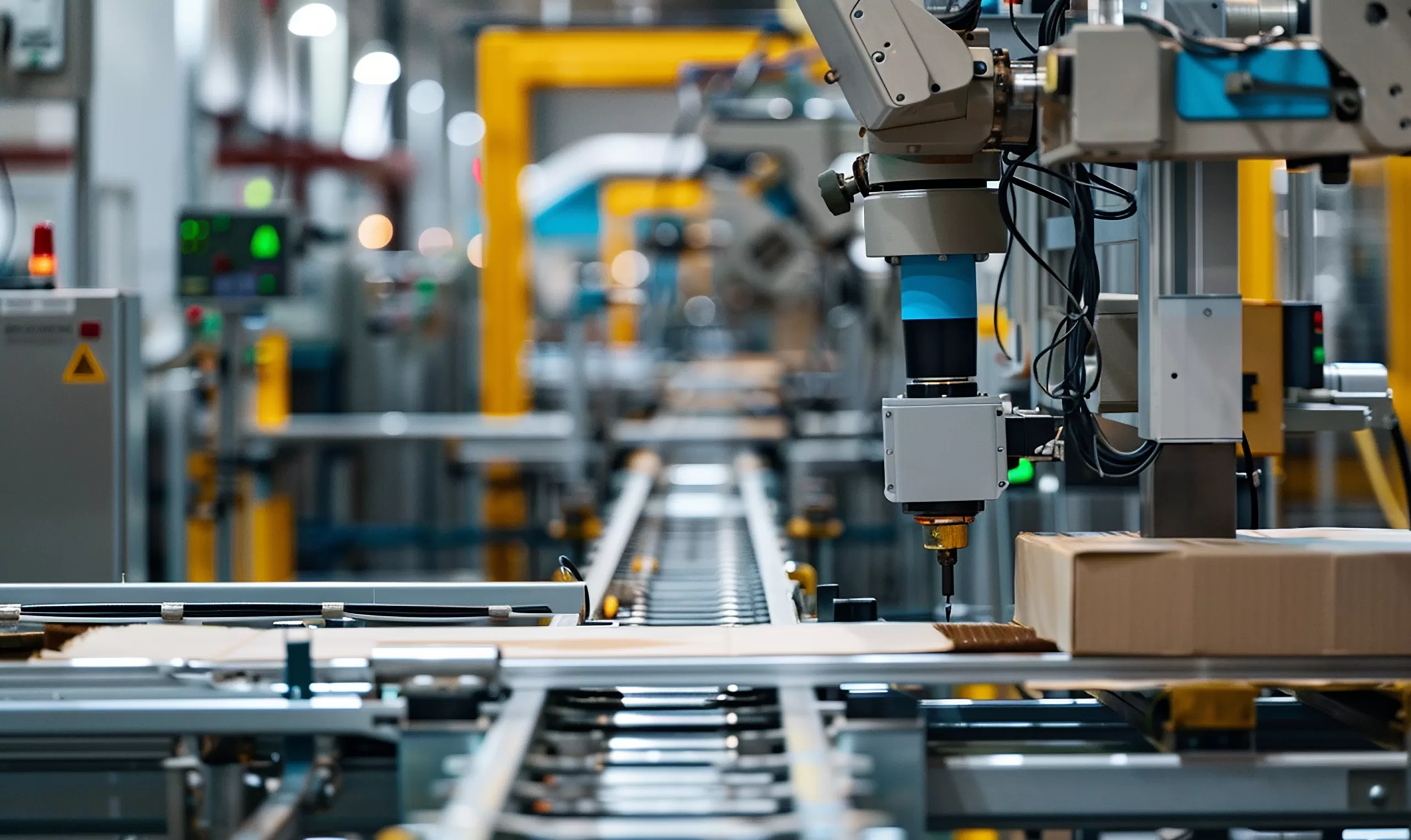 Uma linha de produção industrial automatizada em uma fábrica moderna. Uma esteira transporta caixas de papelão sob um braço robótico de precisão. O fundo mostra uma instalação industrial ampla e bem iluminada com componentes tecnológicos amarelos e azuis, representando Physical AI