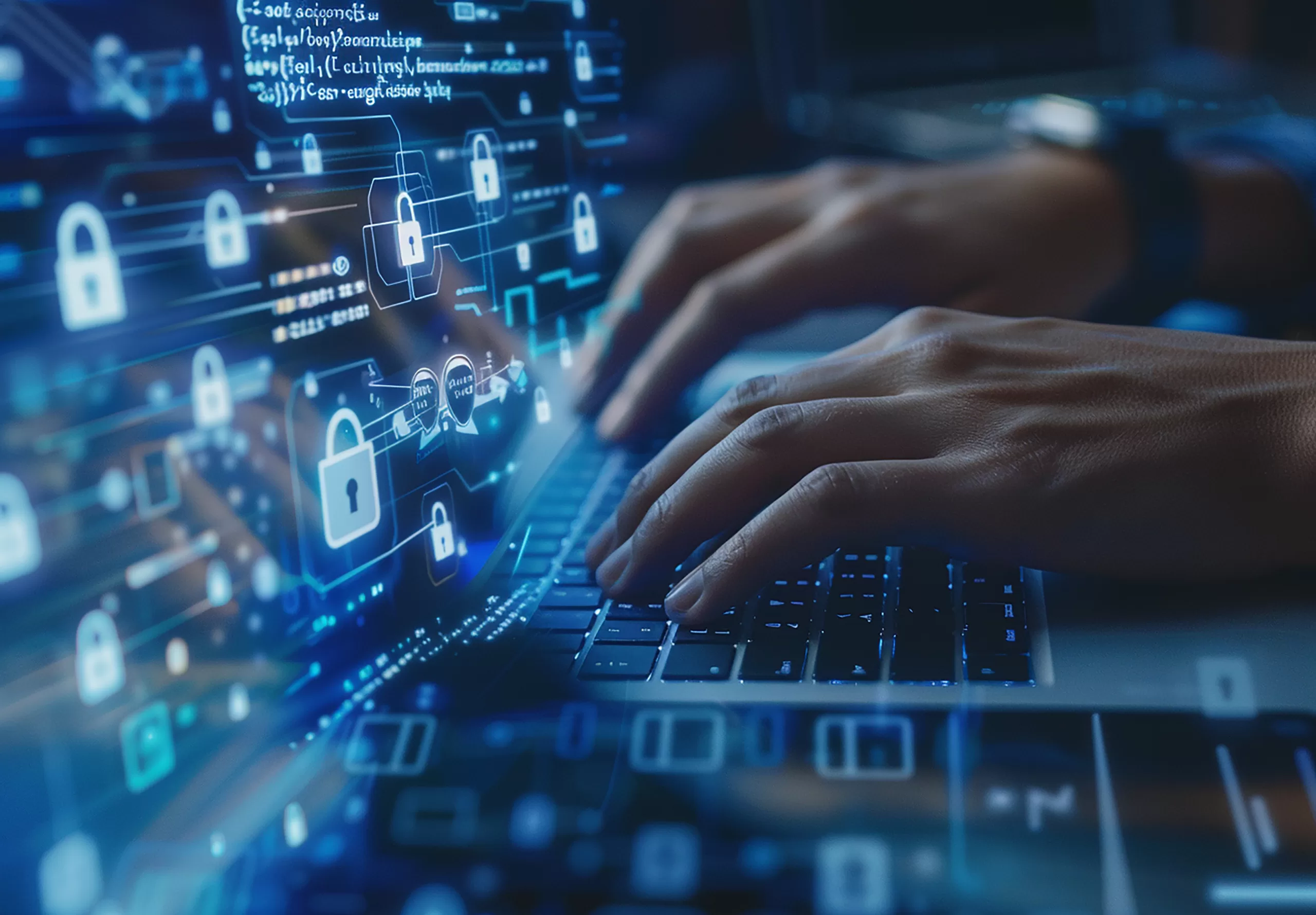 Hands typing on keyboard with overlay of connected padlock icons representing encryption and secure coding in programming code