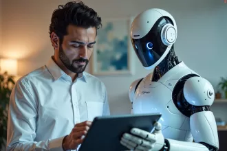 Profissional de tecnologia trabalhando com robô humanóide segurando tablet, ilustrando colaboração entre humanos e agentes de IA