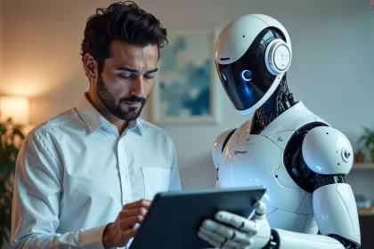 Profissional de tecnologia trabalhando com robô humanóide segurando tablet, ilustrando colaboração entre humanos e agentes de IA