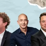 Montagem com os empresários Mark Zuckerberg, Jeff Bezos e Elon Musk sobre fundo azul claro com recortes de jornal