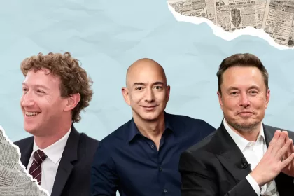 Montagem com os empresários Mark Zuckerberg, Jeff Bezos e Elon Musk sobre fundo azul claro com recortes de jornal