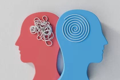 Ilustração conceitual mostrando dois perfis de cabeças humanas em relevo, uma vermelha e uma azul, voltadas para lados opostos. A cabeça vermelha contém um emaranhado de fios desordenados, enquanto a azul exibe um padrão espiral organizado, simbolizando a transição da confusão para o raciocínio lógico.