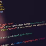 Close em tela escura com código HTML e PHP colorido, destacando trechos de autenticação e estrutura de formulário de login. Representando linguagens de programação 2026.