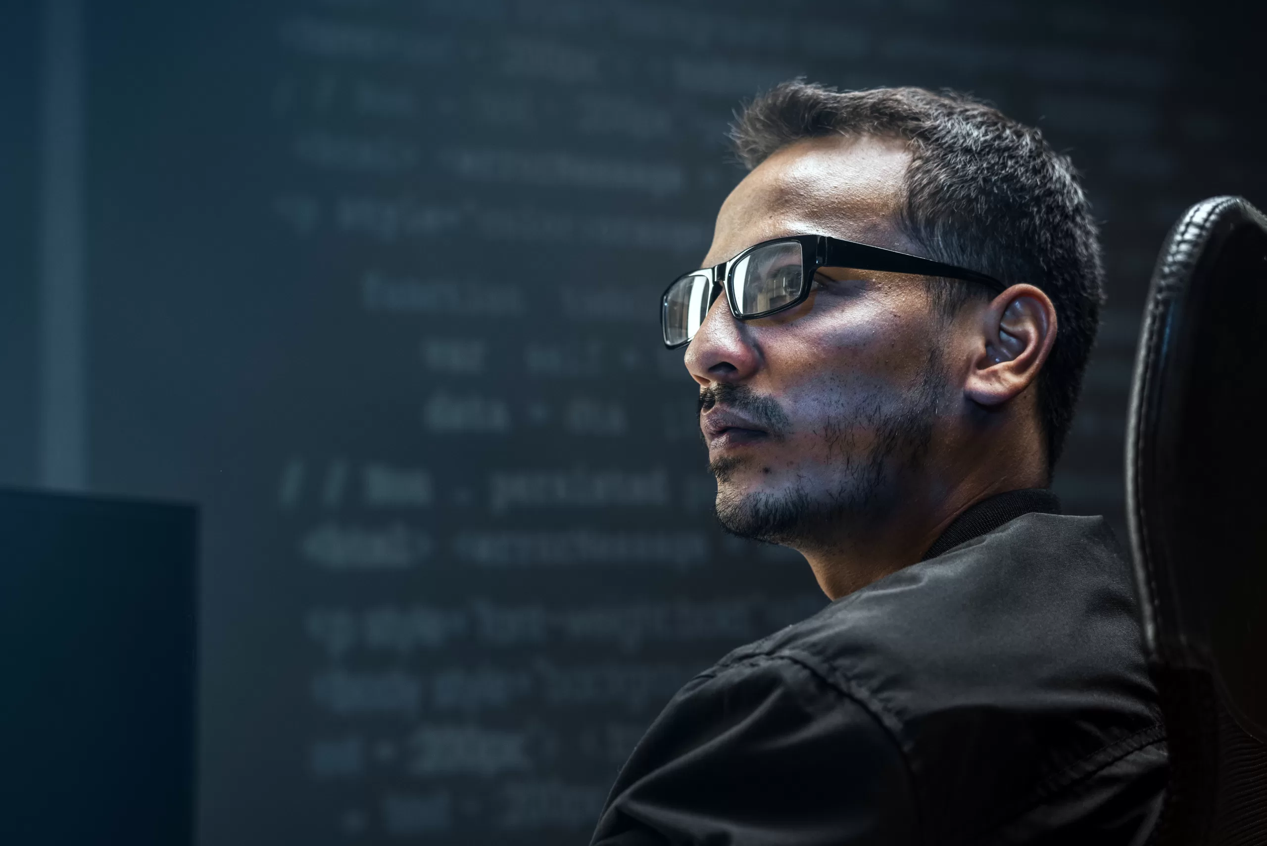 Software developer wearing glasses in profile view, focused, with code projected in the background in a dark environment