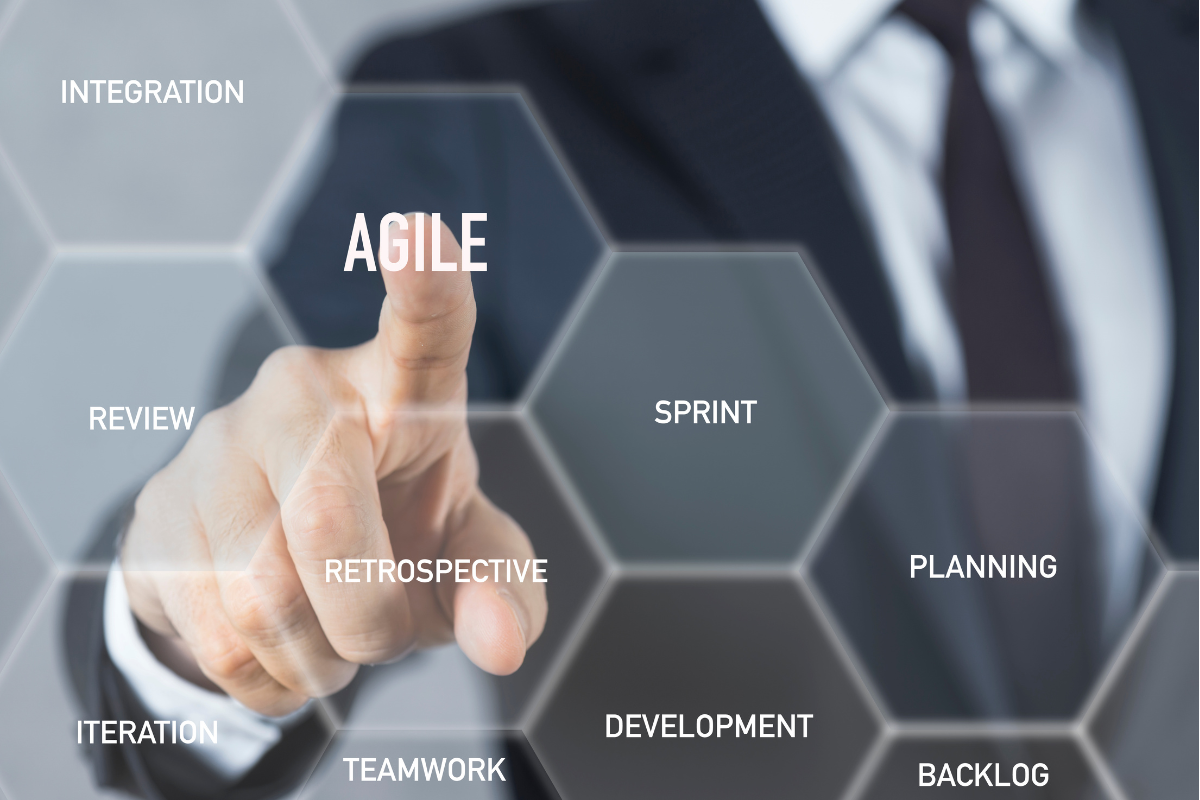 Executive pointing to a visual diagram with the term Agile at the center, surrounded by concepts such as Sprint, Planning, Retrospective, Backlog, Iteration and Teamwork