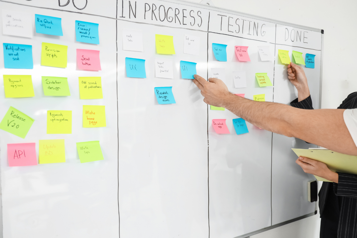 Physical agile board with colorful sticky notes across To Do, In Progress, Testing and Done columns, with two people moving cards during a sprint meeting
