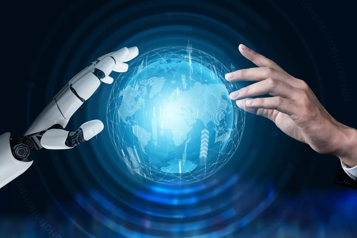 Mão robótica e mão humana se aproximando de um globo digital iluminado, simbolizando a integração entre inteligência artificial e o mercado global