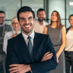 Líder de equipe com os braços cruzados e sorrindo, com um grupo de profissionais ao fundo, representando um squad dedicado de desenvolvimento liderado por um Tech Lead experiente.