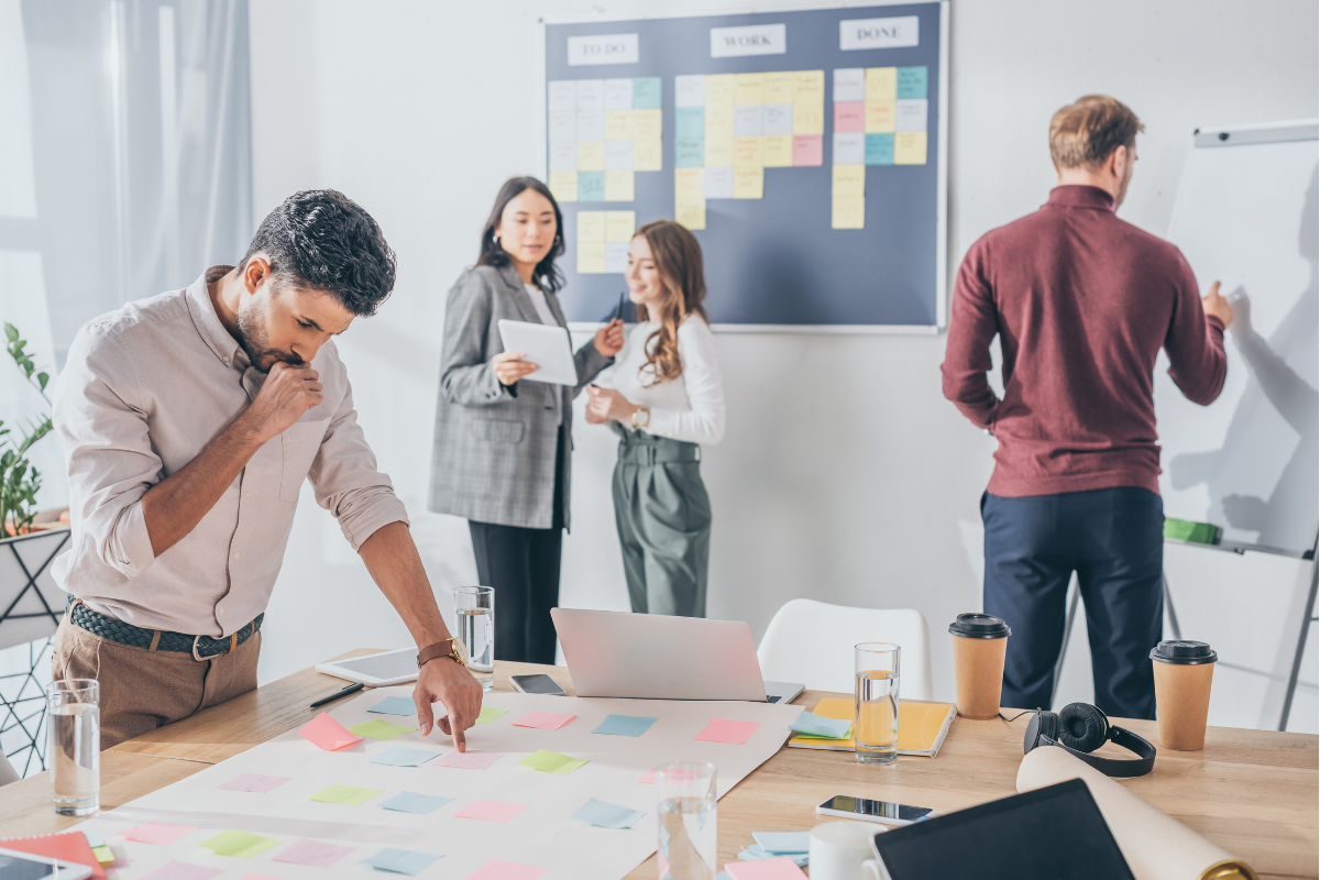 Team of four professionals working with colorful sticky notes during an agile planning session, with a Kanban board in the background showing To Do, Work and Done columns