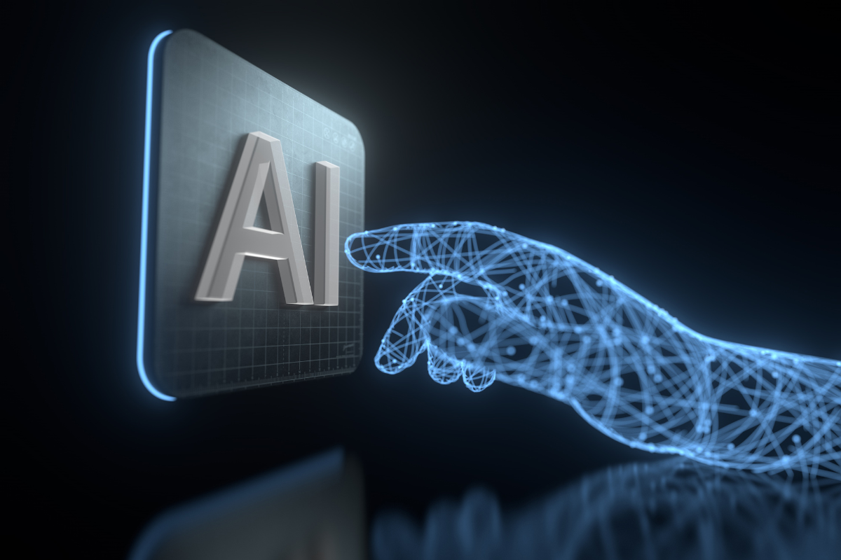 Digital wireframe hand touching a panel with the letters "AI", representing the interaction between technology and artificial intelligence