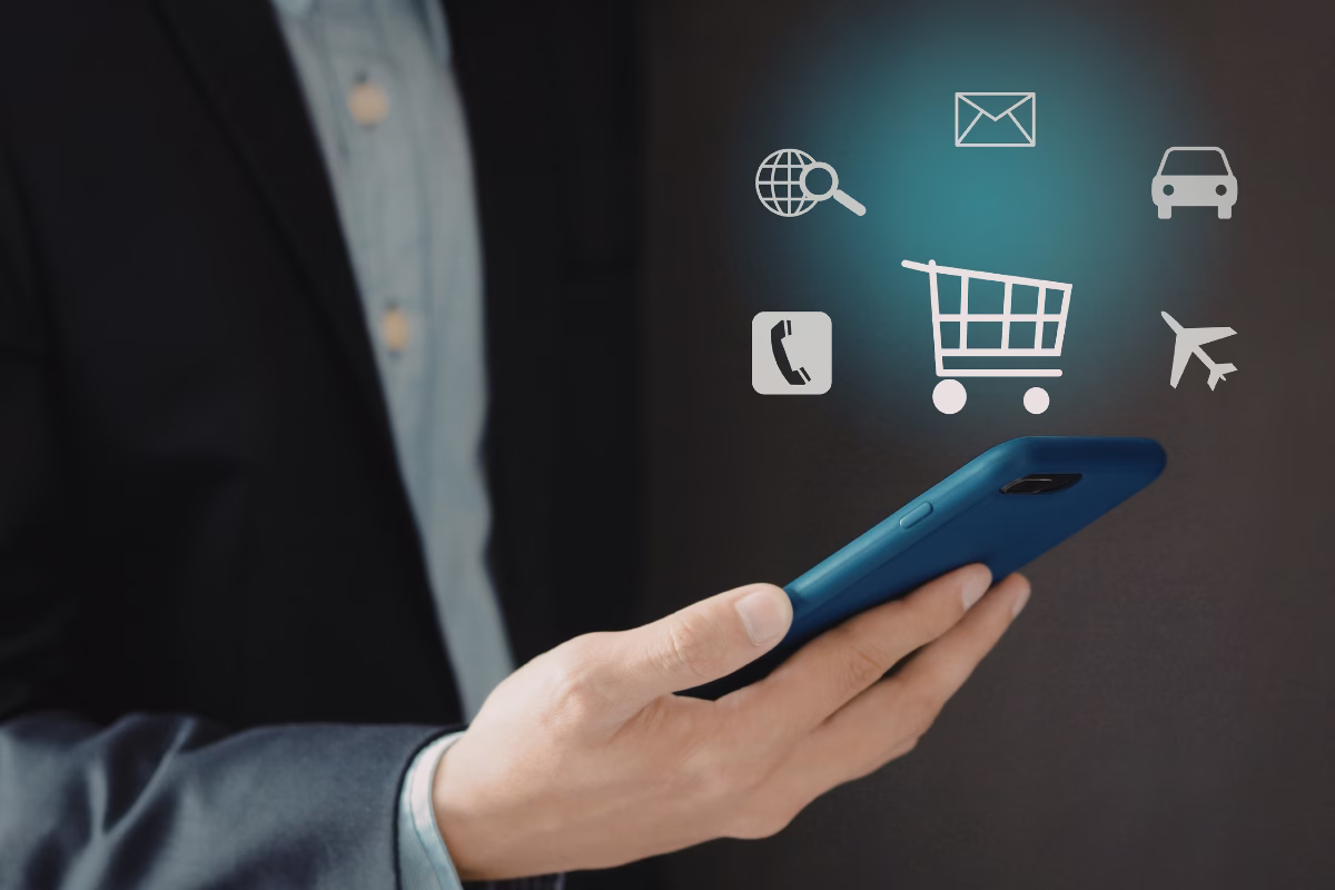 Person using smartphone to access marketplace platform with e-commerce icons