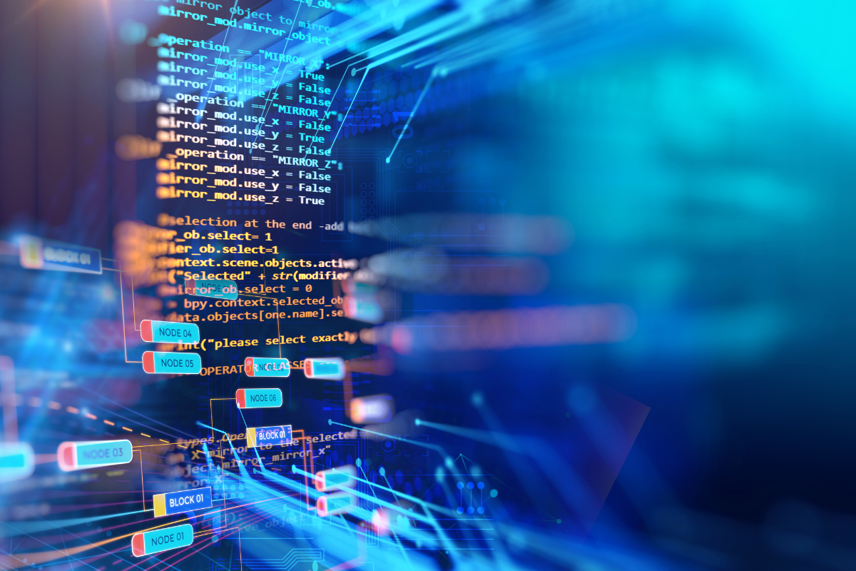 Abstract visualization of code and interconnected nodes on a blue tech background, representing software architecture and digital development