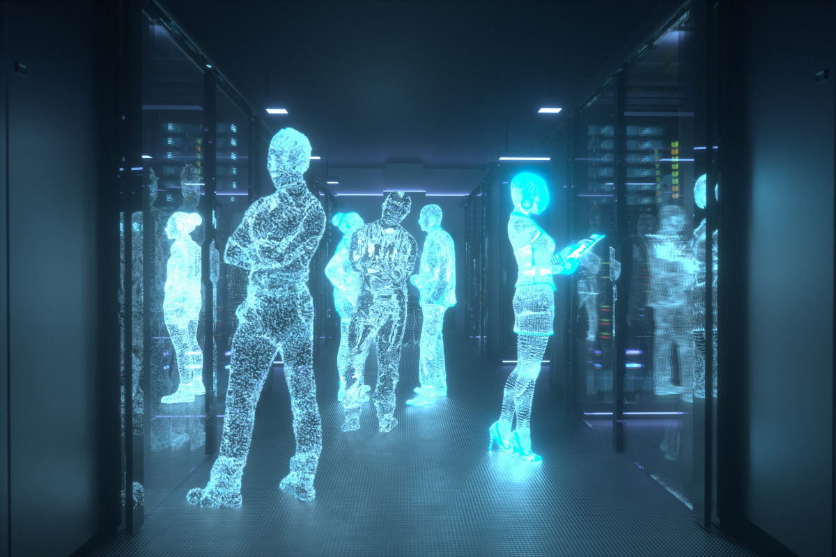 Holographic human figures in blue operating in a server corridor, representing autonomous artificial intelligence agents working within digital infrastructure