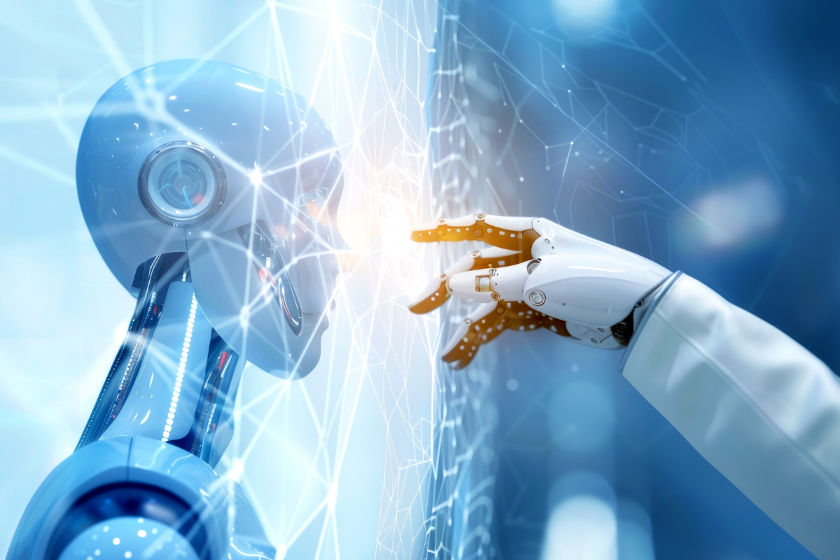 Two robotic arms connecting through a digital network — representing the integration between AI agent frameworks and enterprise systems