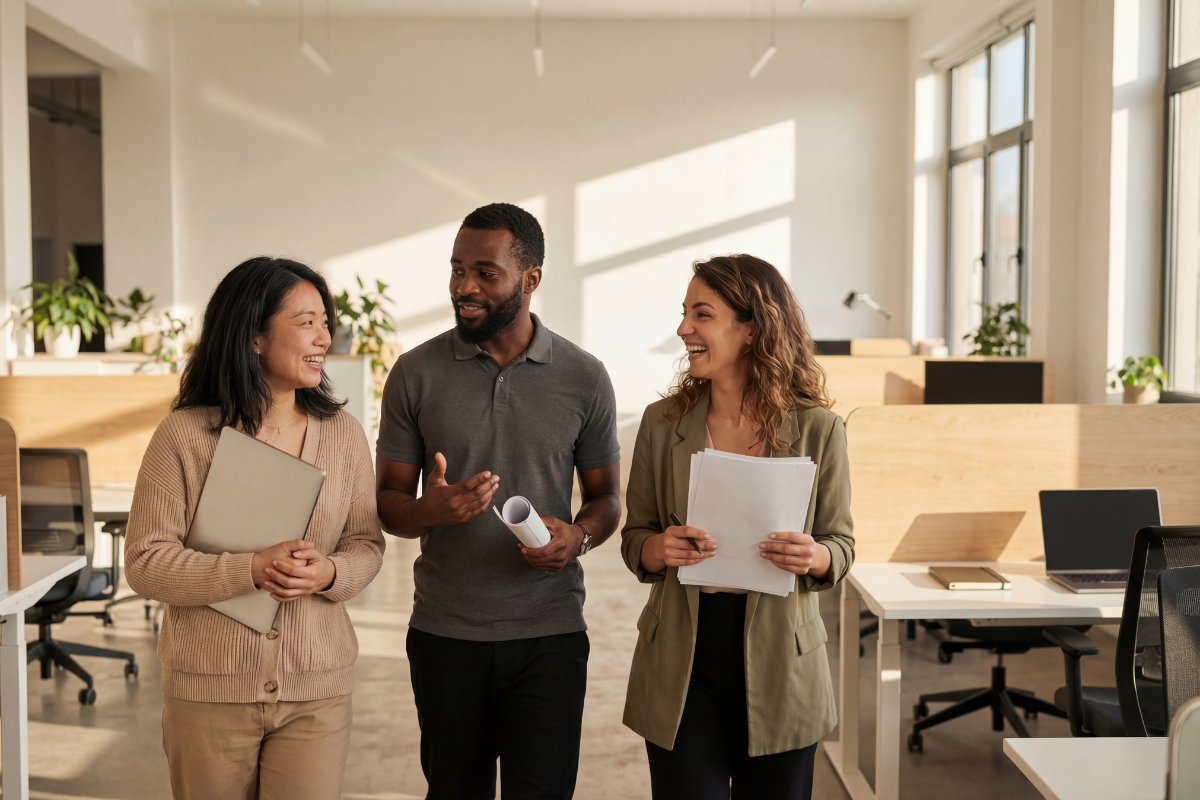 Three professionals having a conversation in a modern, well-lit office, illustrating an engaged and collaborative HR team