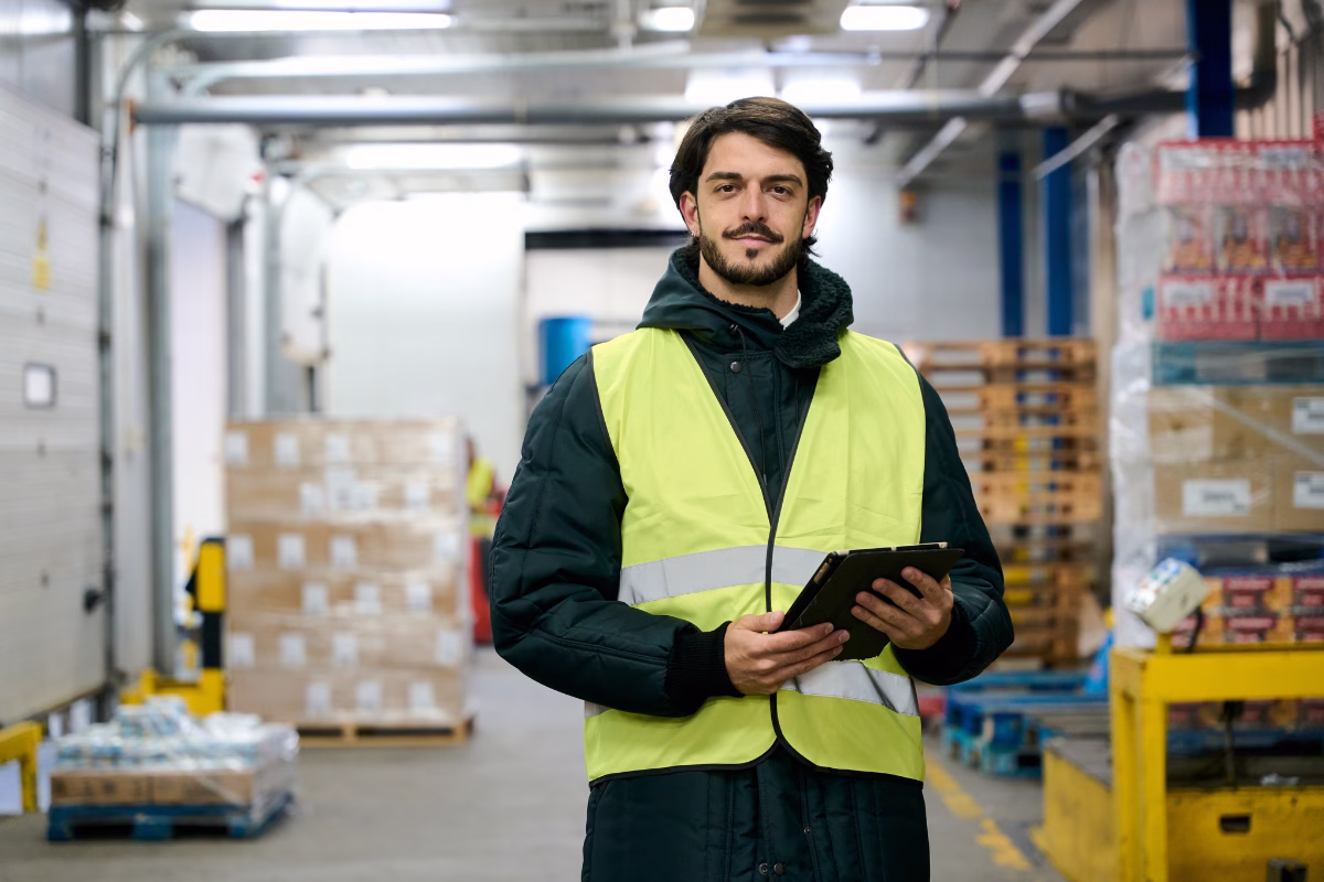 Logistics worker in safety vest using a tablet in a warehouse to manage transportation operations