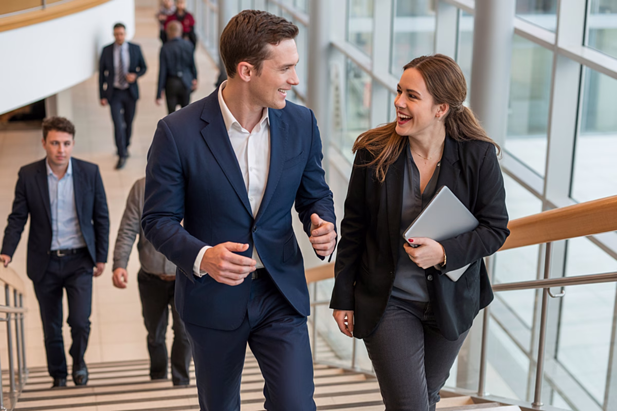 Dois profissionais conversando em escada de prédio corporativo enquanto seguram um notebook