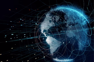 Globo digital com redes de conexão ilustrando as tendências globais de outsourcing de software em 2026