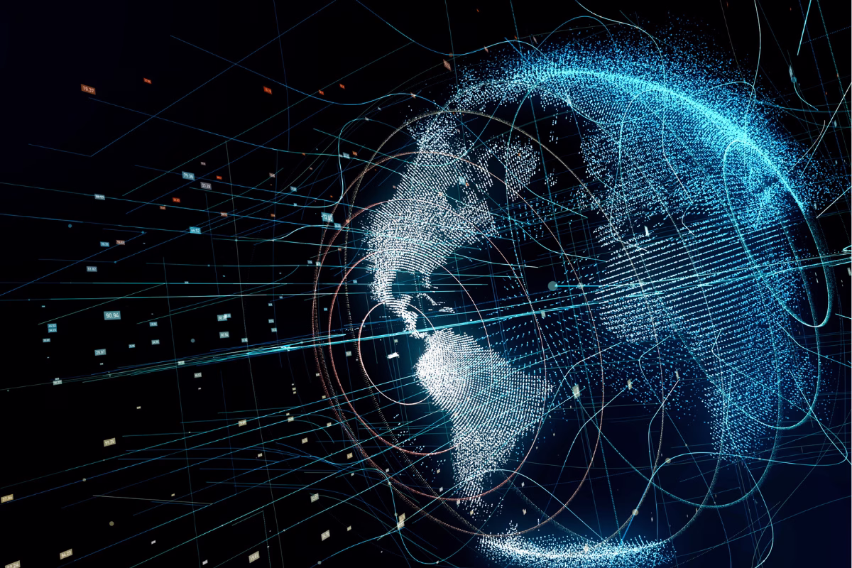 Globo digital com redes de conexão ilustrando as tendências globais de outsourcing de software em 2026