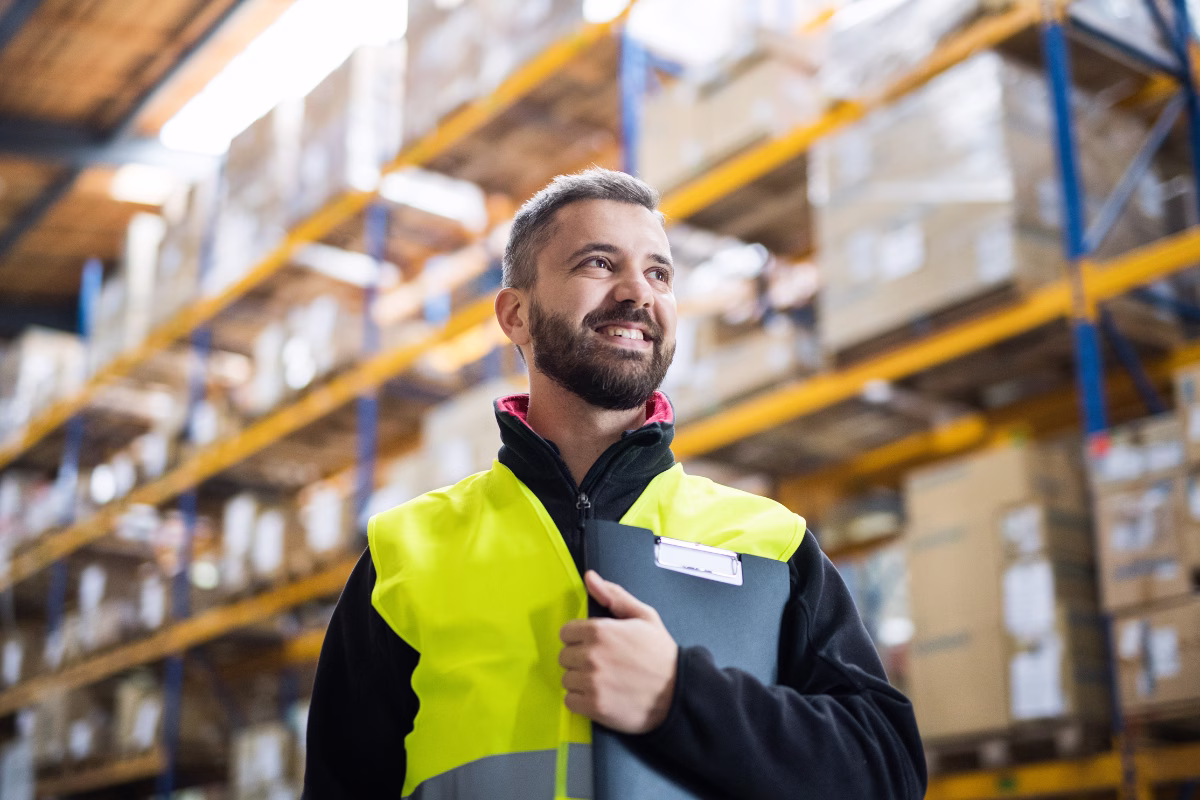 Smiling warehouse worker holding a clipboard among storage shelves, representing logistics operations management before RPA automation