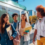 A imagem mostra um grupo diversificado de quatro jovens estudantes caminhando juntos ao ar livre em uma rua urbana ensolarada, ao lado de um veículo de transporte público