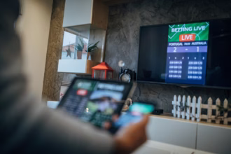 Uma imagem de primeiro plano, desfocada, mostra a parte de trás da cabeça e do ombro de uma pessoa enquanto ela olha para uma televisão grande de tela plana. Na tela da TV, uma interface de apostas ao vivo está visível com um placar de 2-1 entre Portugal e Austrália, e o texto "BETTING LIVE" em cima.