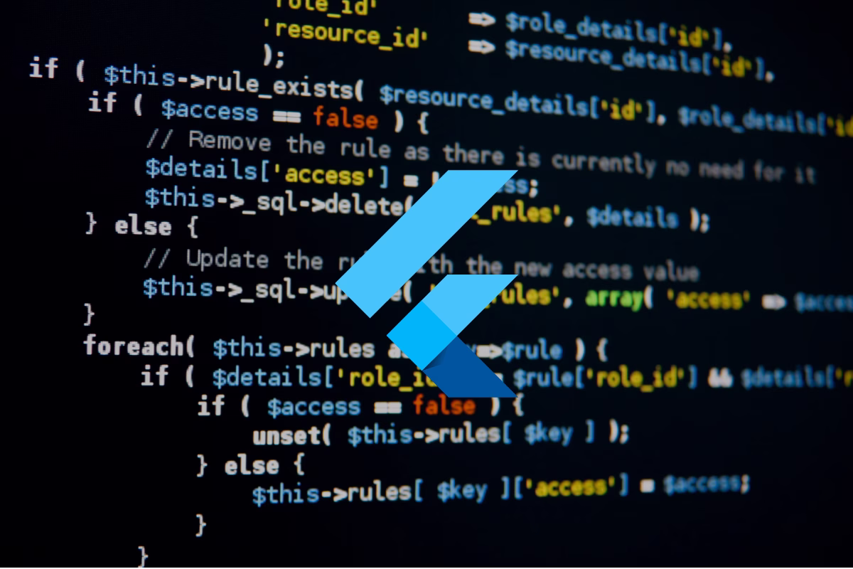 Flutter logo overlaid on a code editor with dark theme, representing app development with the framework