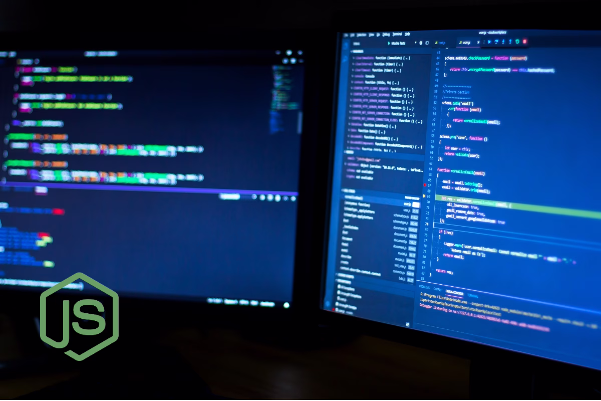 Node.js logo over two monitors displaying backend JavaScript code in a software development environment