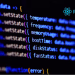 Tela de código React com chamadas setState em fundo escuro e logotipo do React no canto superior direito