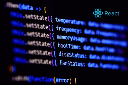 Tela de código React com chamadas setState em fundo escuro e logotipo do React no canto superior direito